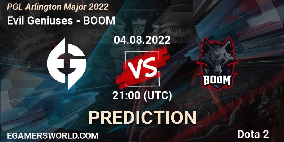 Evil Geniuses проти BOOM: Поради щодо ставок, прогнози на матчі. 04.08.2022 at 21:58. Dota 2, PGL Arlington Major 2022 - Group Stage