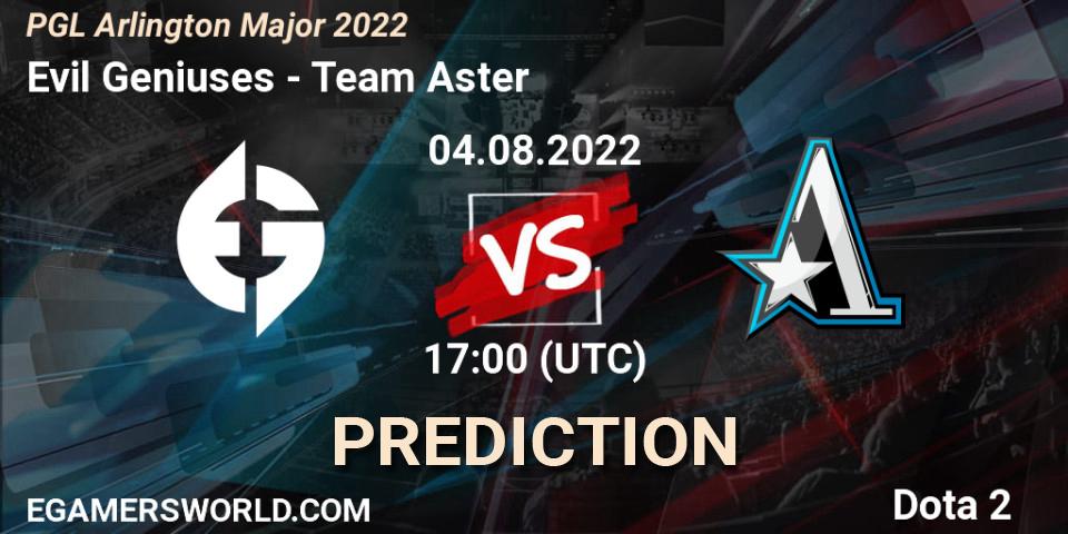Evil Geniuses проти Team Aster: Поради щодо ставок, прогнози на матчі. 04.08.2022 at 17:37. Dota 2, PGL Arlington Major 2022 - Group Stage