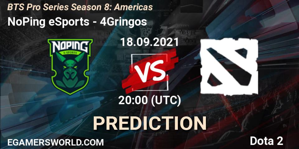 NoPing eSports проти 4Gringos: Поради щодо ставок, прогнози на матчі. 18.09.2021 at 20:04. Dota 2, BTS Pro Series Season 8: Americas
