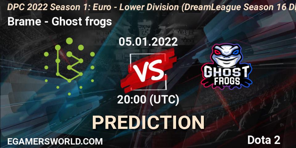 Brame проти Ghost frogs: Поради щодо ставок, прогнози на матчі. 05.01.2022 at 20:25. Dota 2, DPC 2022 Season 1: Euro - Lower Division (DreamLeague Season 16 DPC WEU)