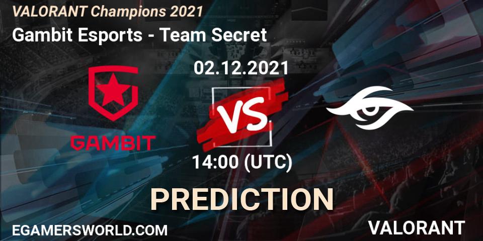 Gambit Esports проти Team Secret: Поради щодо ставок, прогнози на матчі. 02.12.2021 at 14:00. VALORANT, VALORANT Champions 2021