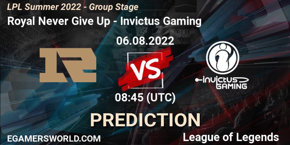 Royal Never Give Up проти Invictus Gaming: Поради щодо ставок, прогнози на матчі. 06.08.2022 at 09:00. LoL, LPL Summer 2022 - Group Stage