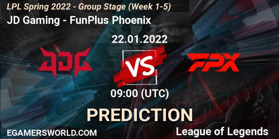 JD Gaming проти FunPlus Phoenix: Поради щодо ставок, прогнози на матчі. 22.01.2022 at 09:00. LoL, LPL Spring 2022 - Group Stage (Week 1-5)
