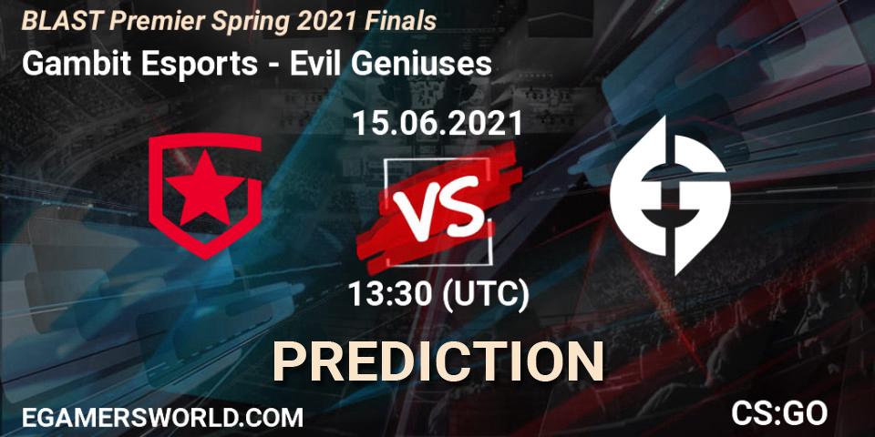 Gambit Esports проти Evil Geniuses: Поради щодо ставок, прогнози на матчі. 15.06.2021 at 13:30. Counter-Strike (CS2), BLAST Premier Spring 2021 Finals