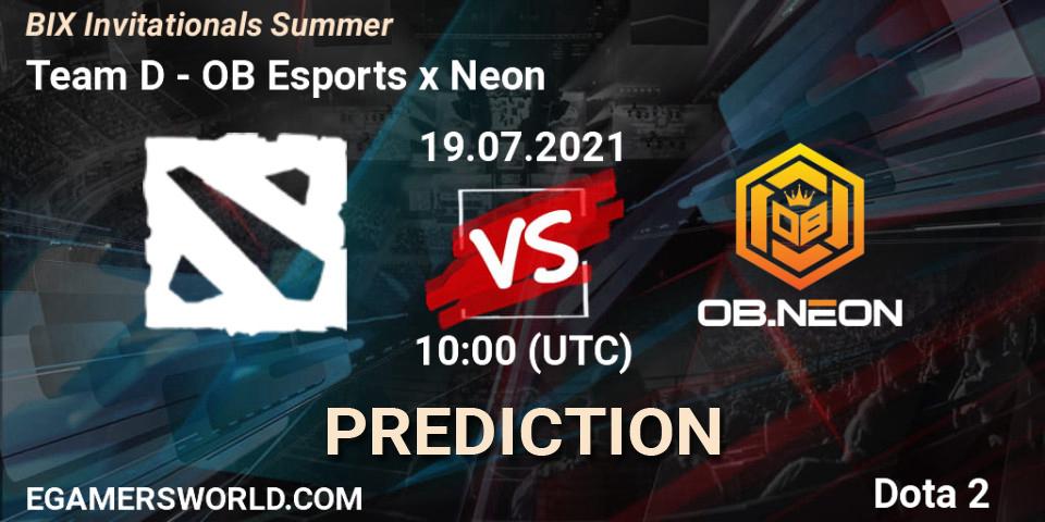 Team D проти OB Esports x Neon: Поради щодо ставок, прогнози на матчі. 19.07.2021 at 10:21. Dota 2, BIX Invitationals Summer