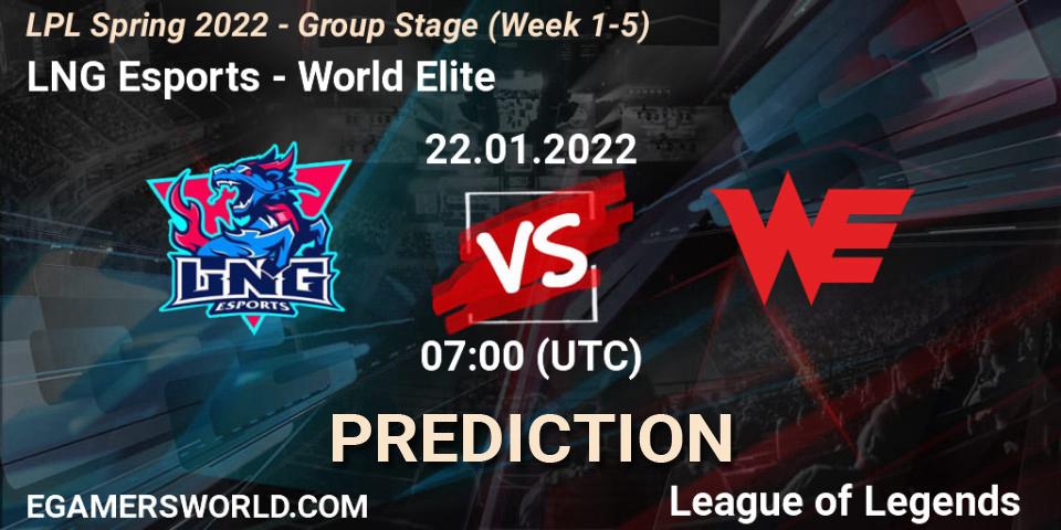 LNG Esports проти World Elite: Поради щодо ставок, прогнози на матчі. 22.01.2022 at 07:00. LoL, LPL Spring 2022 - Group Stage (Week 1-5)