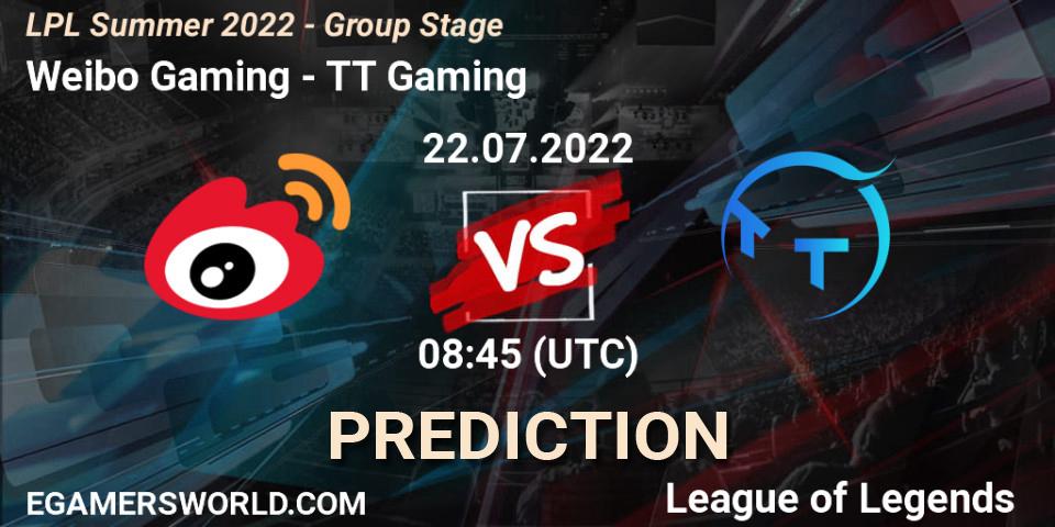 Weibo Gaming проти TT Gaming: Поради щодо ставок, прогнози на матчі. 22.07.2022 at 09:00. LoL, LPL Summer 2022 - Group Stage
