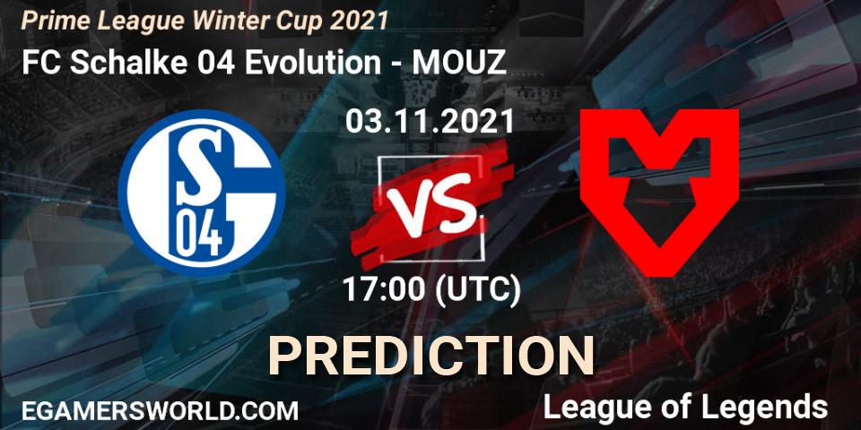 FC Schalke 04 Evolution проти MOUZ: Поради щодо ставок, прогнози на матчі. 03.11.2021 at 17:00. LoL, Prime League Winter Cup 2021