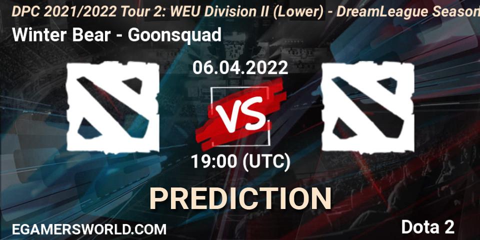 Winter Bear проти Goonsquad: Поради щодо ставок, прогнози на матчі. 06.04.2022 at 19:05. Dota 2, DPC 2021/2022 Tour 2: WEU Division II (Lower) - DreamLeague Season 17