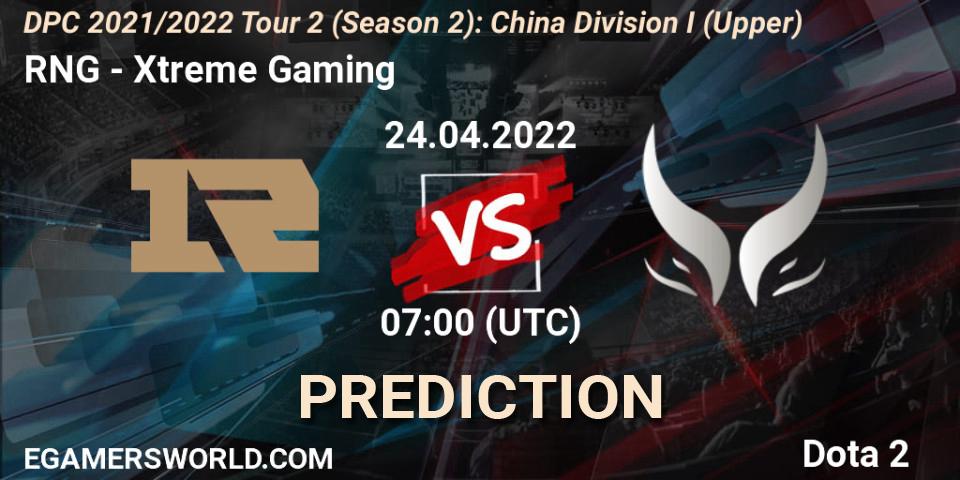 RNG проти Xtreme Gaming: Поради щодо ставок, прогнози на матчі. 24.04.2022 at 07:03. Dota 2, DPC 2021/2022 Tour 2 (Season 2): China Division I (Upper)