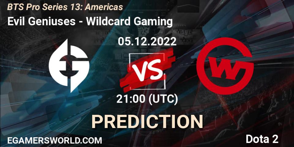 Evil Geniuses проти Wildcard Gaming: Поради щодо ставок, прогнози на матчі. 05.12.2022 at 21:01. Dota 2, BTS Pro Series 13: Americas