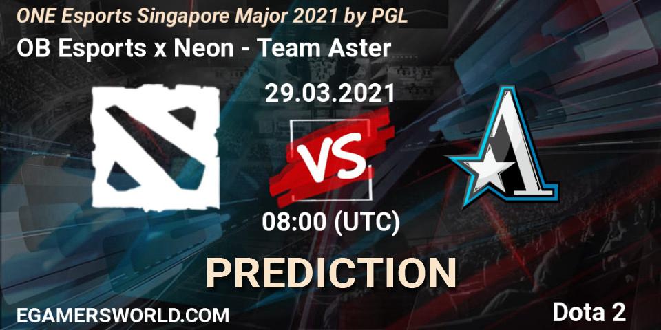 OB Esports x Neon проти Team Aster: Поради щодо ставок, прогнози на матчі. 29.03.2021 at 09:26. Dota 2, ONE Esports Singapore Major 2021