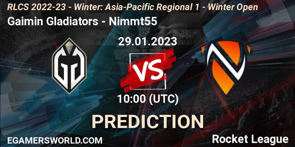 Gaimin Gladiators проти Nimmt55: Поради щодо ставок, прогнози на матчі. 29.01.2023 at 10:00. Rocket League, RLCS 2022-23 - Winter: Asia-Pacific Regional 1 - Winter Open