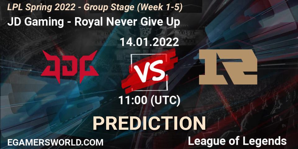 JD Gaming проти Royal Never Give Up: Поради щодо ставок, прогнози на матчі. 14.01.2022 at 11:30. LoL, LPL Spring 2022 - Group Stage (Week 1-5)