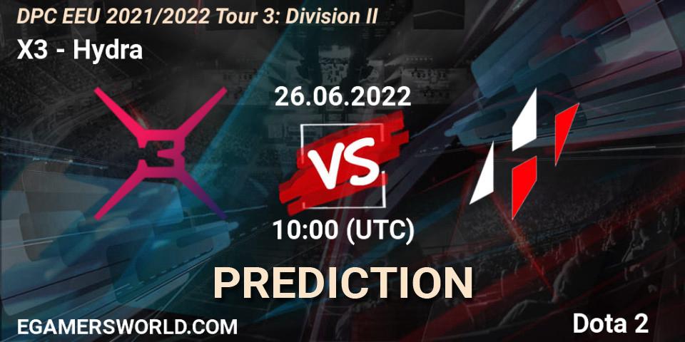 X3 проти Hydra: Поради щодо ставок, прогнози на матчі. 26.06.2022 at 10:00. Dota 2, DPC EEU 2021/2022 Tour 3: Division II