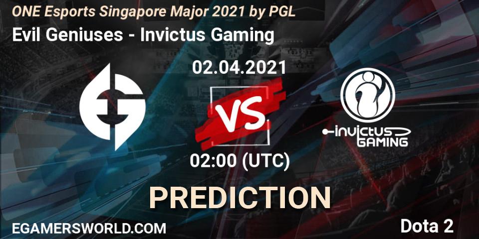 Evil Geniuses проти Invictus Gaming: Поради щодо ставок, прогнози на матчі. 02.04.2021 at 02:02. Dota 2, ONE Esports Singapore Major 2021