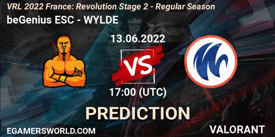 beGenius ESC проти WYLDE: Поради щодо ставок, прогнози на матчі. 13.06.2022 at 17:10. VALORANT, VRL 2022 France: Revolution Stage 2 - Regular Season