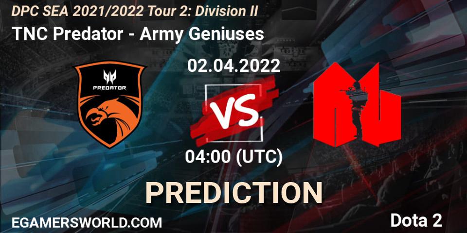TNC Predator проти Army Geniuses: Поради щодо ставок, прогнози на матчі. 02.04.2022 at 04:00. Dota 2, DPC 2021/2022 Tour 2: SEA Division II (Lower)
