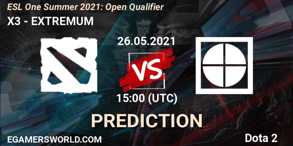 X3 проти EXTREMUM: Поради щодо ставок, прогнози на матчі. 26.05.2021 at 15:00. Dota 2, ESL One Summer 2021: Open Qualifier