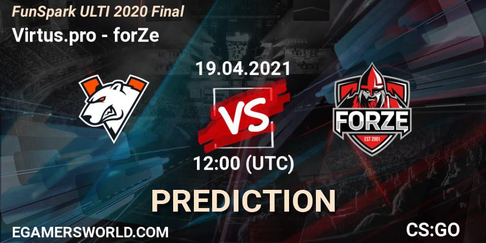 Virtus.pro проти forZe: Поради щодо ставок, прогнози на матчі. 19.04.2021 at 12:00. Counter-Strike (CS2), Funspark ULTI 2020 Finals