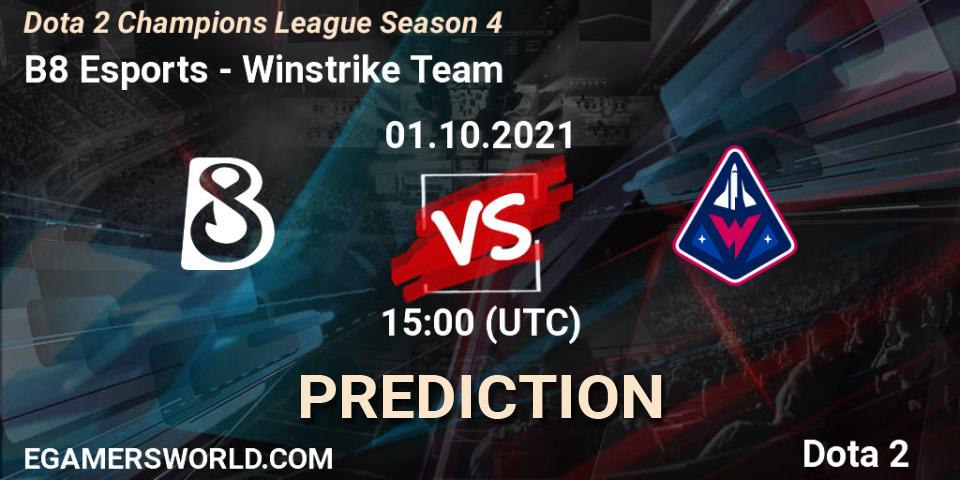 B8 Esports проти Winstrike Team: Поради щодо ставок, прогнози на матчі. 01.10.2021 at 15:57. Dota 2, Dota 2 Champions League Season 4