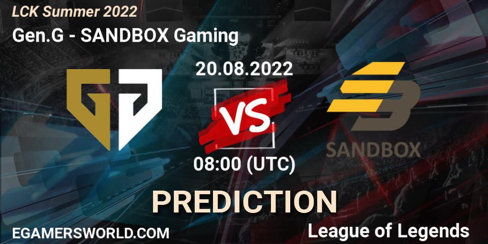 Gen.G проти SANDBOX Gaming: Поради щодо ставок, прогнози на матчі. 20.08.2022 at 08:00. LoL, LCK Summer 2022