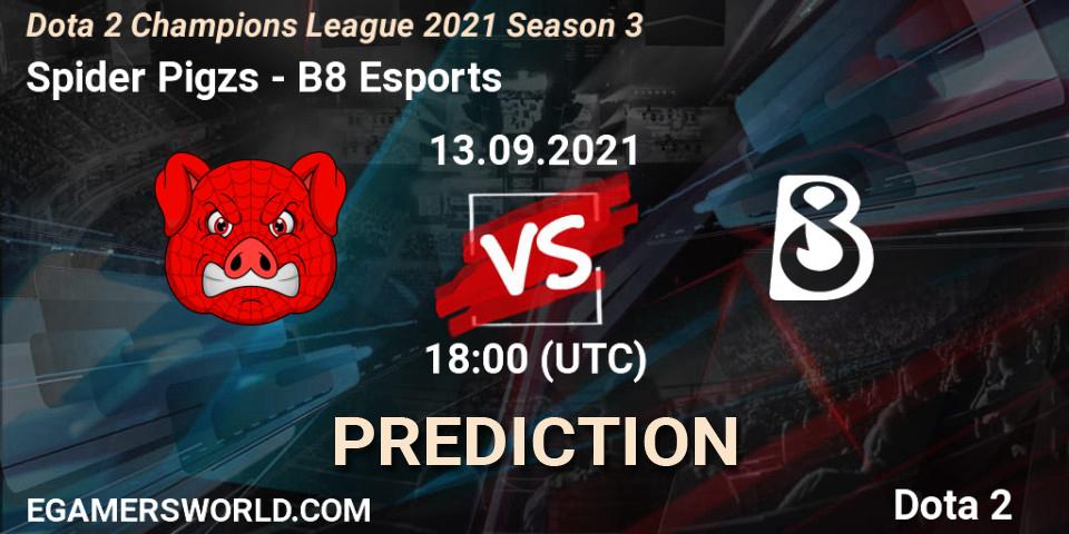 Spider Pigzs проти B8 Esports: Поради щодо ставок, прогнози на матчі. 13.09.2021 at 18:04. Dota 2, Dota 2 Champions League 2021 Season 3