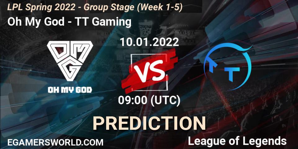 Oh My God проти TT Gaming: Поради щодо ставок, прогнози на матчі. 10.01.2022 at 09:00. LoL, LPL Spring 2022 - Group Stage (Week 1-5)