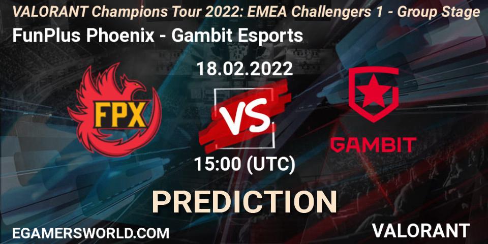 FunPlus Phoenix проти Gambit Esports: Поради щодо ставок, прогнози на матчі. 18.02.2022 at 15:00. VALORANT, VCT 2022: EMEA Challengers 1 - Group Stage
