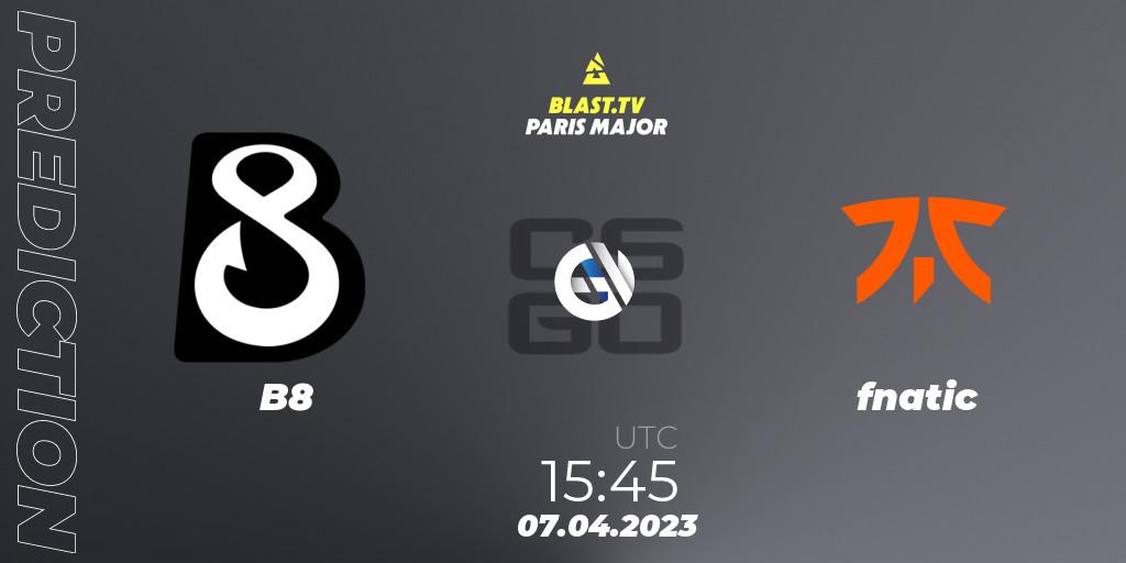 B8 проти fnatic: Поради щодо ставок, прогнози на матчі. 07.04.2023 at 15:00. Counter-Strike (CS2), BLAST.tv Paris Major 2023 Europe RMR A