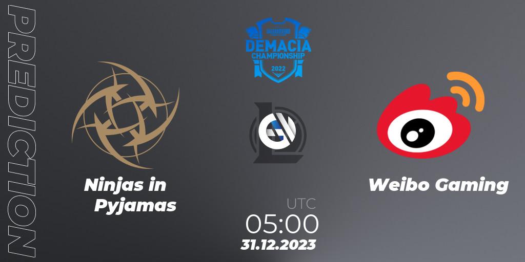 Ninjas in Pyjamas проти Weibo Gaming: Поради щодо ставок, прогнози на матчі. 31.12.2023 at 05:00. LoL, Demacia Cup 2023 Playoffs