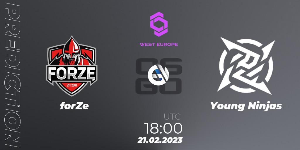 forZe проти Young Ninjas: Поради щодо ставок, прогнози на матчі. 21.02.2023 at 18:00. Counter-Strike (CS2), CCT West Europe Series #1