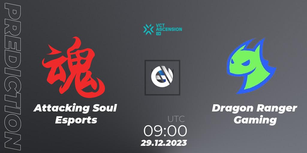 Attacking Soul Esports проти Dragon Ranger Gaming: Поради щодо ставок, прогнози на матчі. 29.12.2023 at 09:00. VALORANT, VALORANT China Ascension 2023