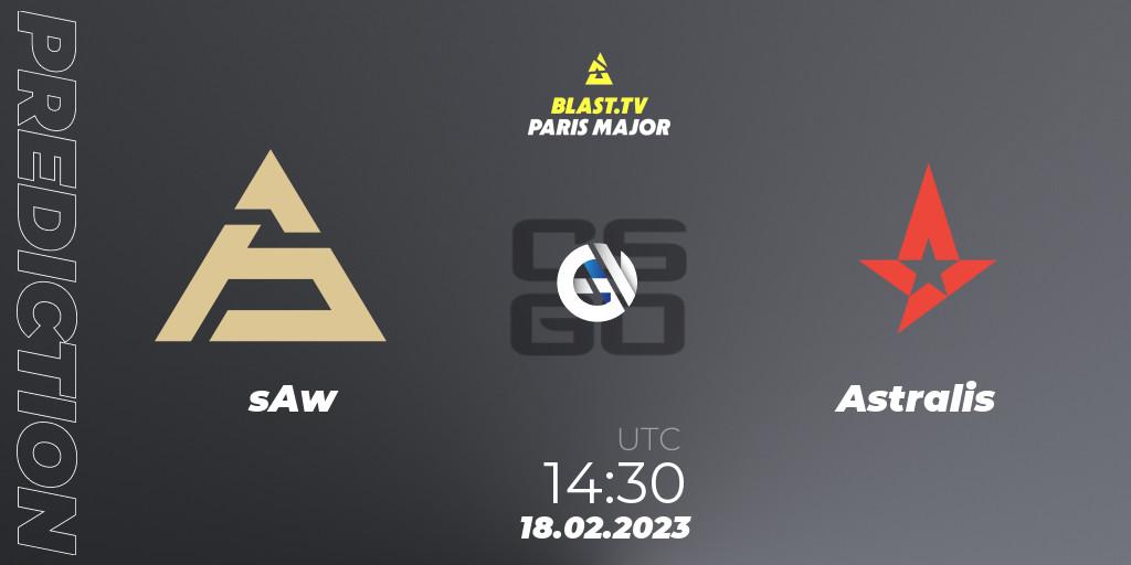 sAw проти Astralis: Поради щодо ставок, прогнози на матчі. 18.02.2023 at 14:30. Counter-Strike (CS2), BLAST.tv Paris Major 2023 Europe RMR Closed Qualifier A
