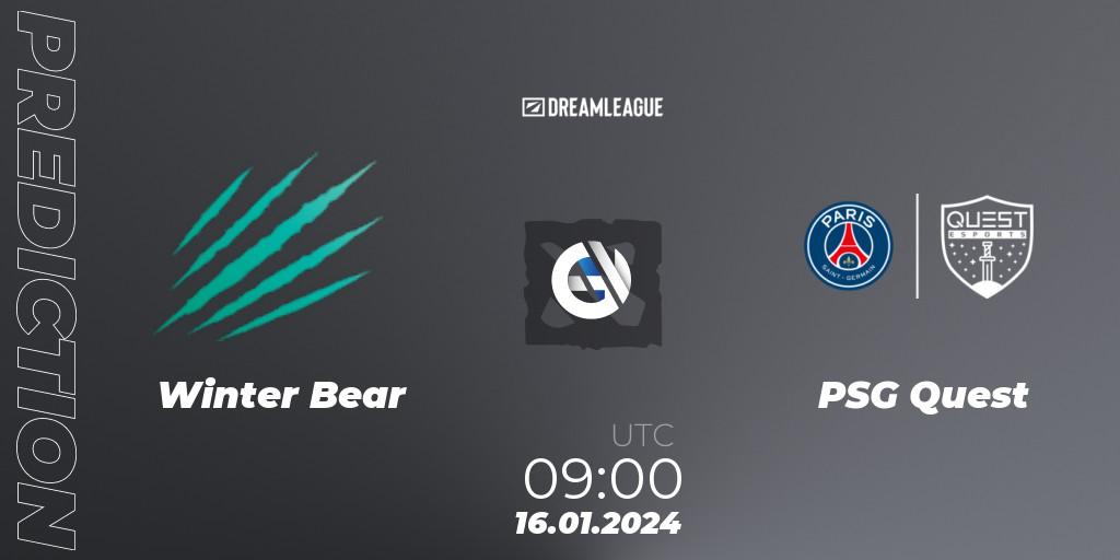 Winter Bear проти PSG Quest: Поради щодо ставок, прогнози на матчі. 16.01.2024 at 09:06. Dota 2, DreamLeague Season 22: MENA Closed Qualifier
