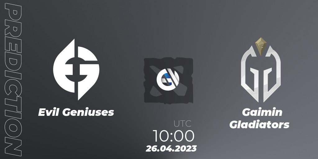 Evil Geniuses проти Gaimin Gladiators: Поради щодо ставок, прогнози на матчі. 26.04.2023 at 10:00. Dota 2, The Berlin Major 2023 ESL - Group Stage