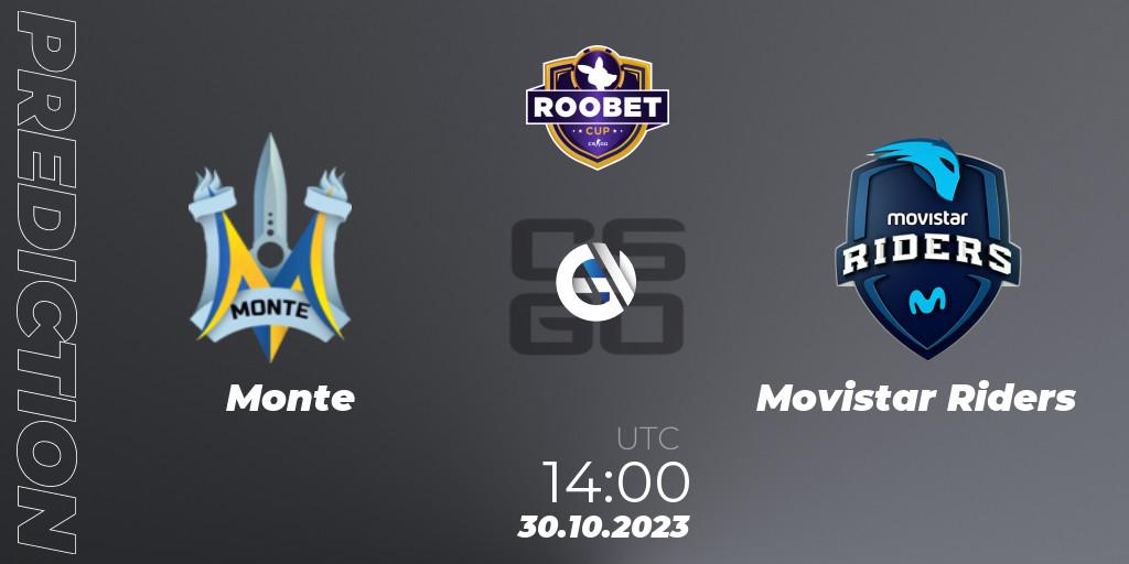 Monte проти Movistar Riders: Поради щодо ставок, прогнози на матчі. 30.10.2023 at 14:00. Counter-Strike (CS2), Roobet Cup 2023