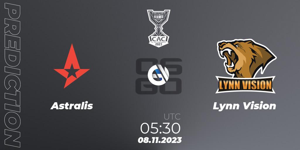Astralis проти Lynn Vision: Поради щодо ставок, прогнози на матчі. 08.11.2023 at 06:35. Counter-Strike (CS2), CS Asia Championships 2023