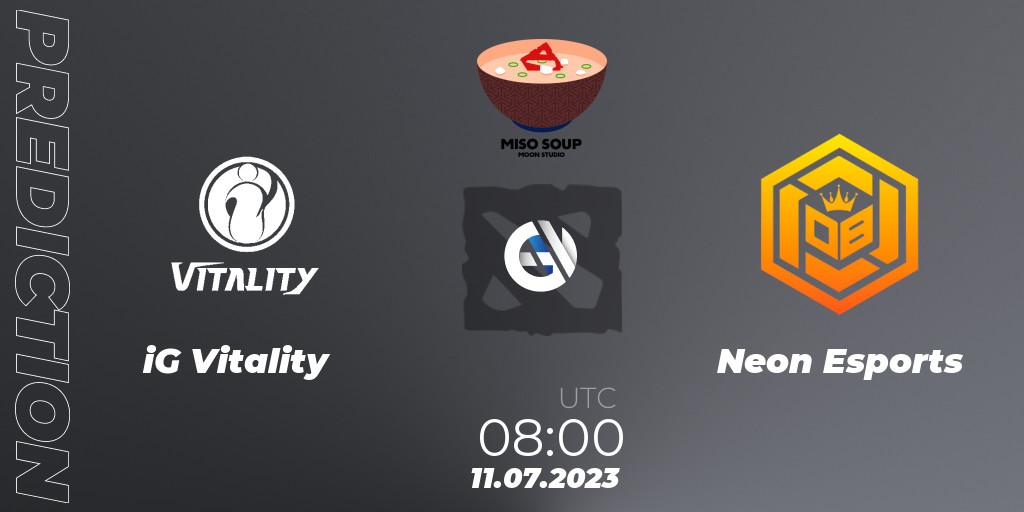 iG Vitality проти Neon Esports: Поради щодо ставок, прогнози на матчі. 11.07.2023 at 06:06. Dota 2, Moon Studio Miso Soup