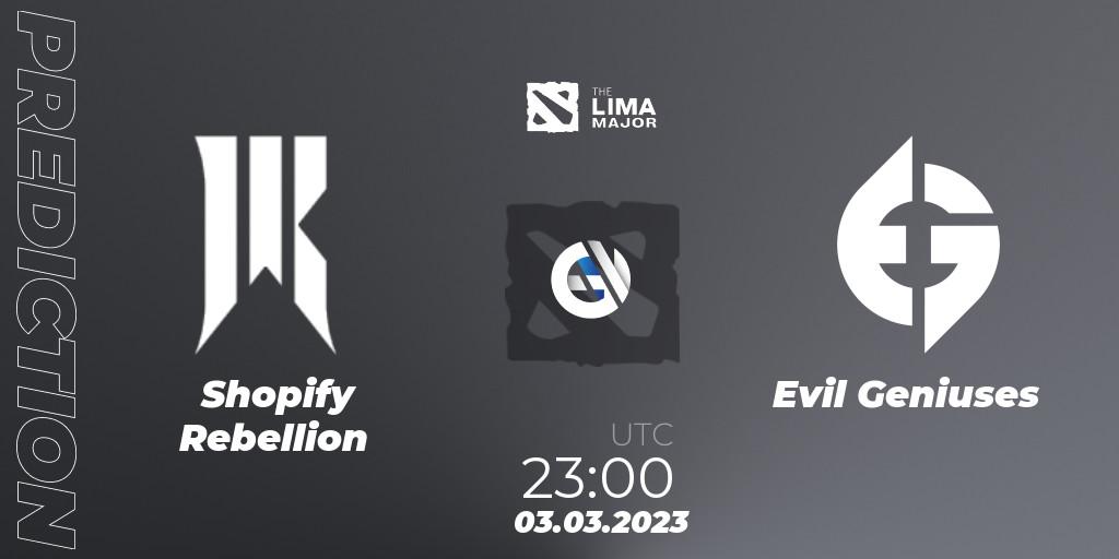 Shopify Rebellion проти Evil Geniuses: Поради щодо ставок, прогнози на матчі. 03.03.2023 at 23:37. Dota 2, The Lima Major 2023