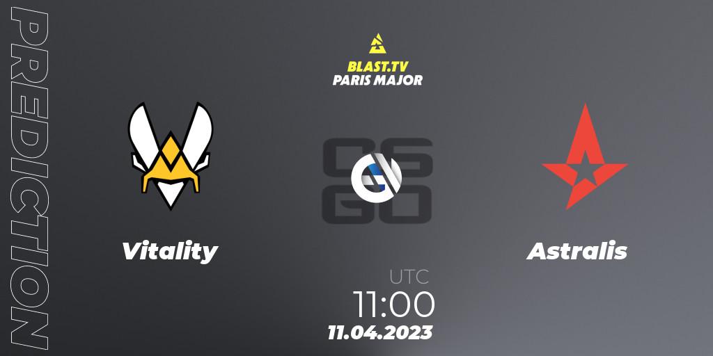 Vitality проти Astralis: Поради щодо ставок, прогнози на матчі. 11.04.2023 at 11:15. Counter-Strike (CS2), BLAST.tv Paris Major 2023 Europe RMR B