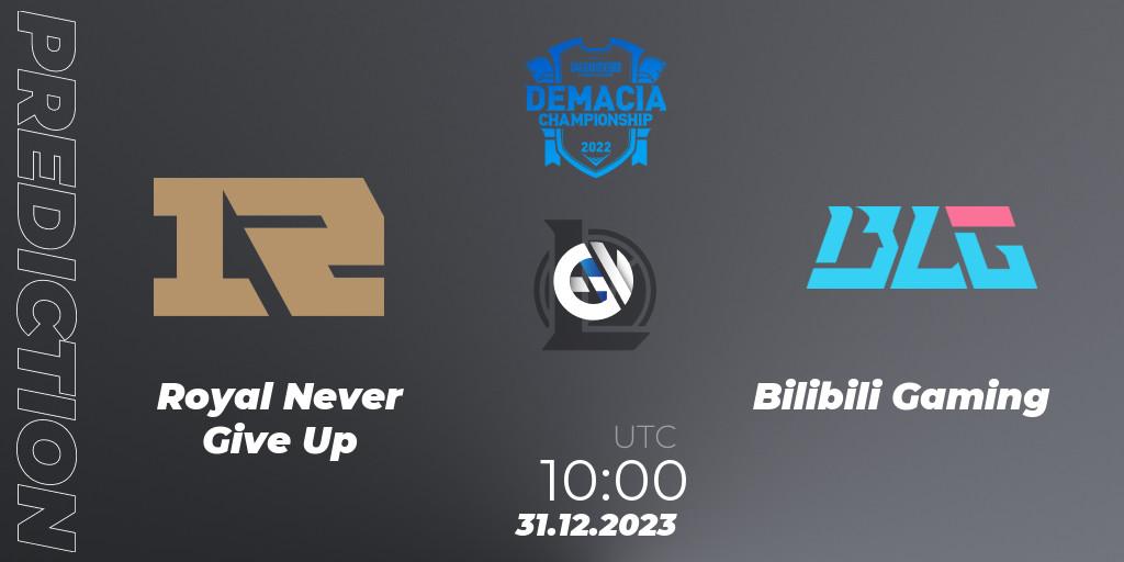 Royal Never Give Up проти Bilibili Gaming: Поради щодо ставок, прогнози на матчі. 31.12.2023 at 10:00. LoL, Demacia Cup 2023 Playoffs