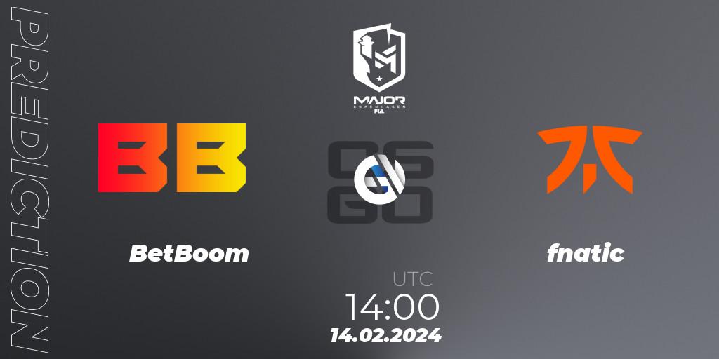 BetBoom проти fnatic: Поради щодо ставок, прогнози на матчі. 14.02.2024 at 14:20. Counter-Strike (CS2), PGL CS2 Major Copenhagen 2024 Europe RMR