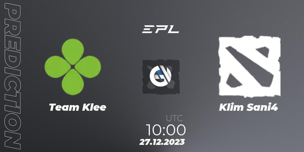 Team Klee проти Klim Sani4: Поради щодо ставок, прогнози на матчі. 27.12.2023 at 11:02. Dota 2, European Pro League Season 15