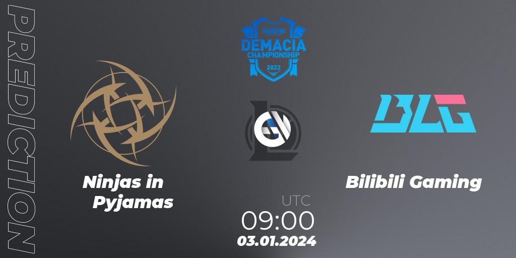 Ninjas in Pyjamas проти Bilibili Gaming: Поради щодо ставок, прогнози на матчі. 03.01.2024 at 09:00. LoL, Demacia Cup 2023 Playoffs