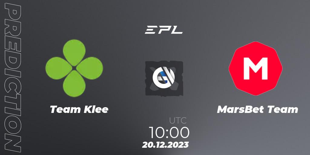 Team Klee проти MarsBet Team: Поради щодо ставок, прогнози на матчі. 20.12.2023 at 10:00. Dota 2, European Pro League Season 15