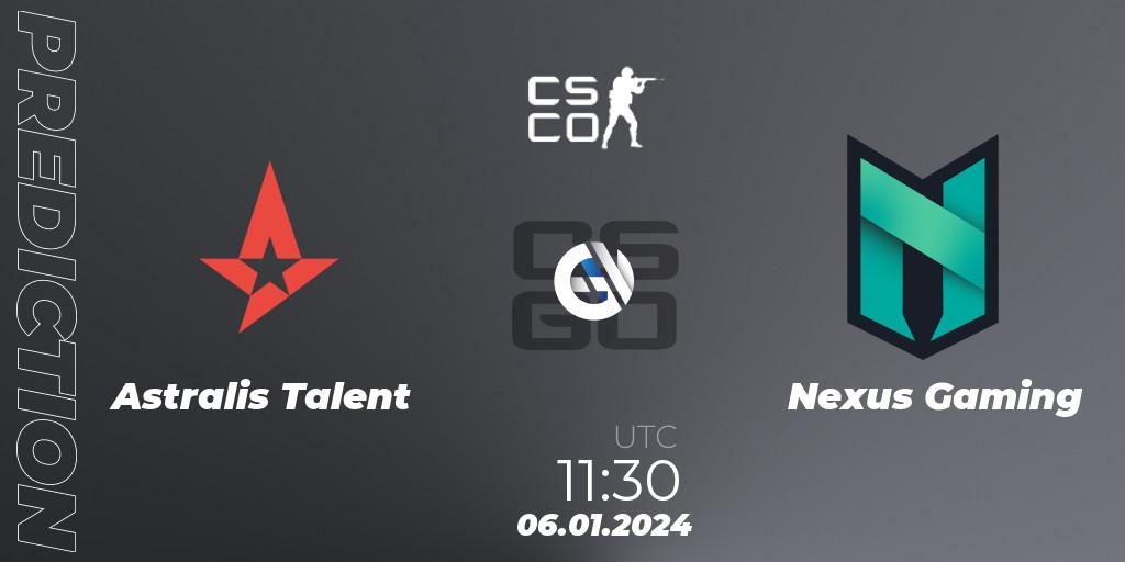 Astralis Talent проти Nexus Gaming: Поради щодо ставок, прогнози на матчі. 06.01.2024 at 11:30. Counter-Strike (CS2), European Pro League Season 14: Division 2