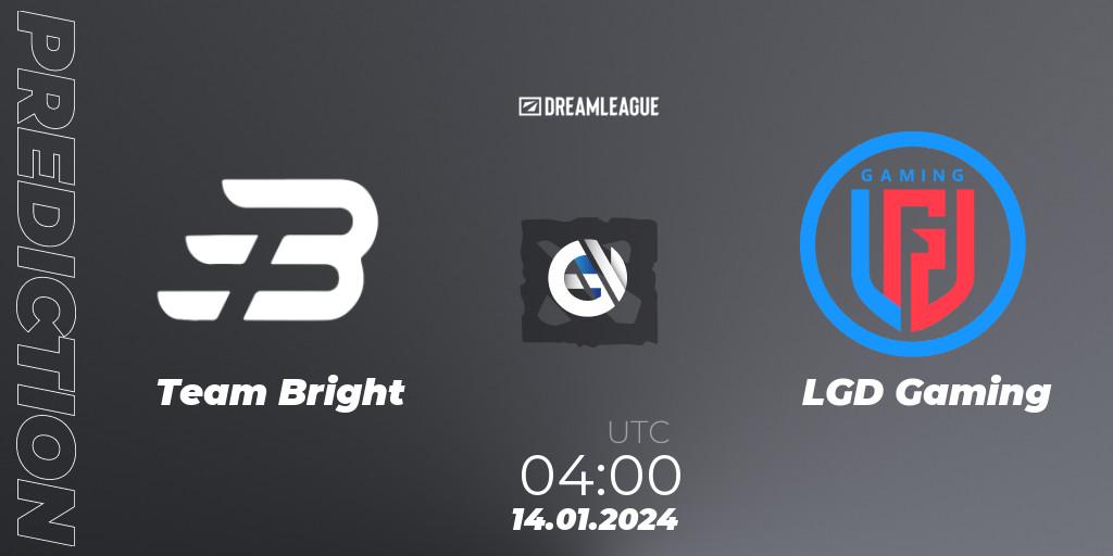Team Bright проти LGD Gaming: Поради щодо ставок, прогнози на матчі. 14.01.2024 at 04:02. Dota 2, DreamLeague Season 22: China Closed Qualifier